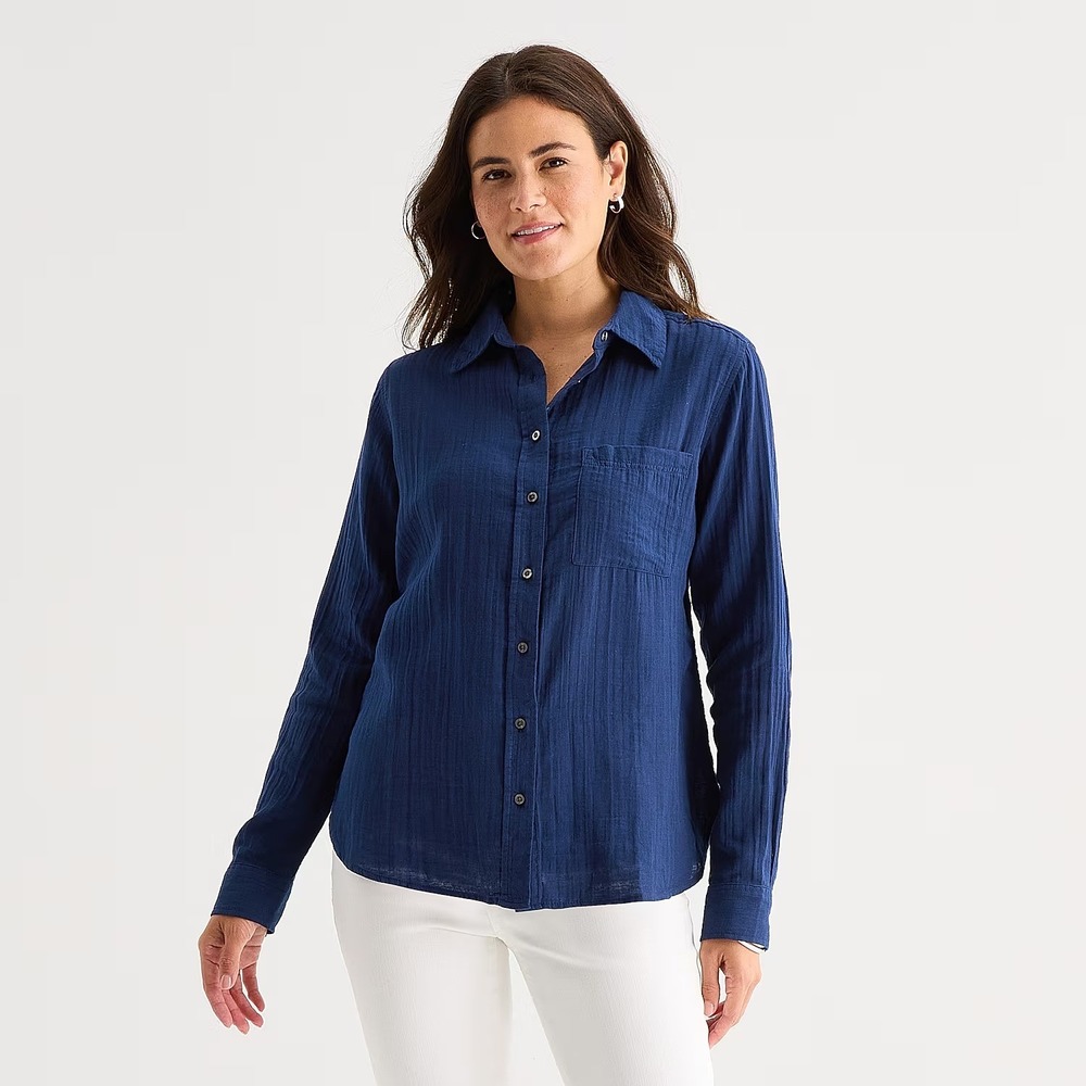 MSRP $50 St. John's Bay Womens 3X American Navy Button-Down Shirt Long Sleeve
